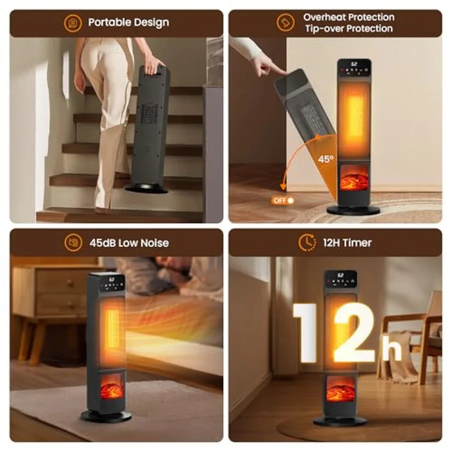 1500W PTC Electric Fireplace Heater with 3D Flame Effect and 90 Oscillation Fan Combo for Indoor Home and Office Use Features C