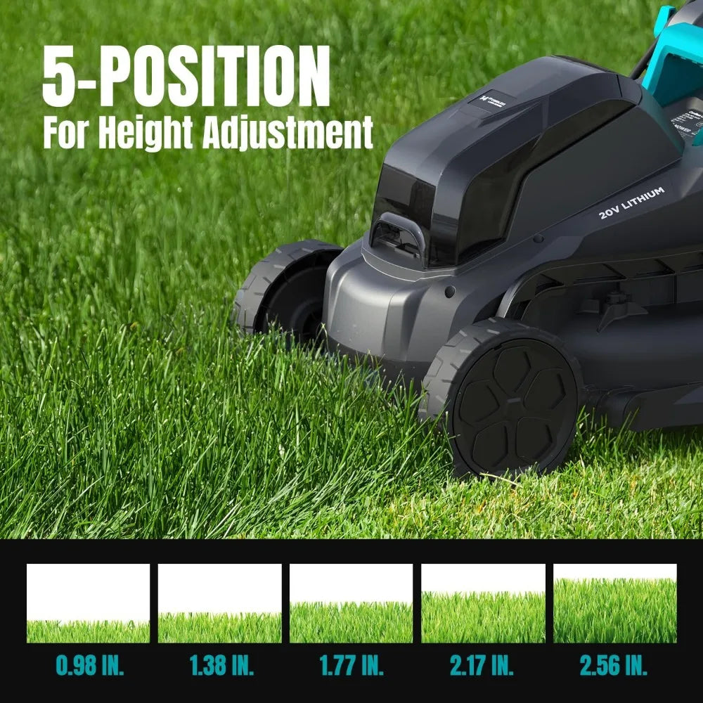 Electric Lawn Mower Cordless, 20V 13 inch Push Lawn Mower with 5-Position Cutting Height Adjustment, 2x4.0Ah Battery and Charger
