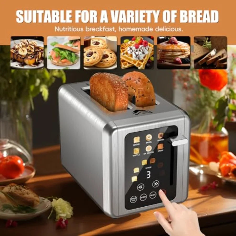 Touch screen 2-slice stainless steel digital timer toaster with sound function 6 bread types 6 shade settings smart extra wide