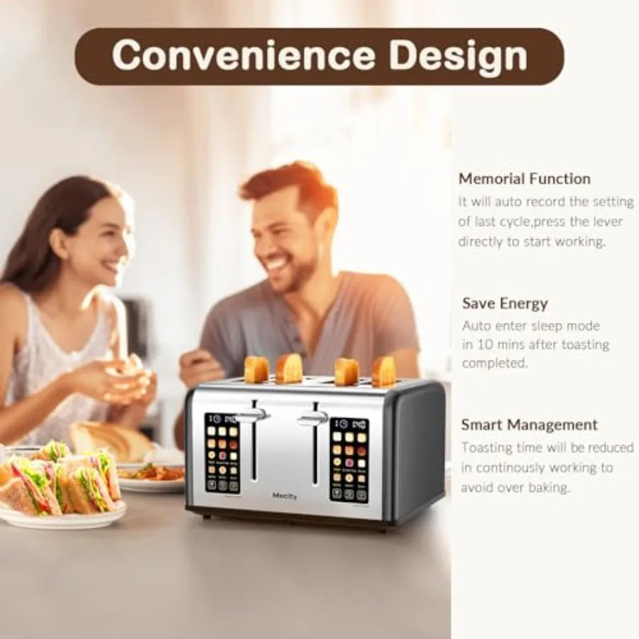 4-Slice Touch Screen Toaster with Dual Control Panel for Bagels Muffins Waffles Stainless Steel Matt Black Smart Toaster with T