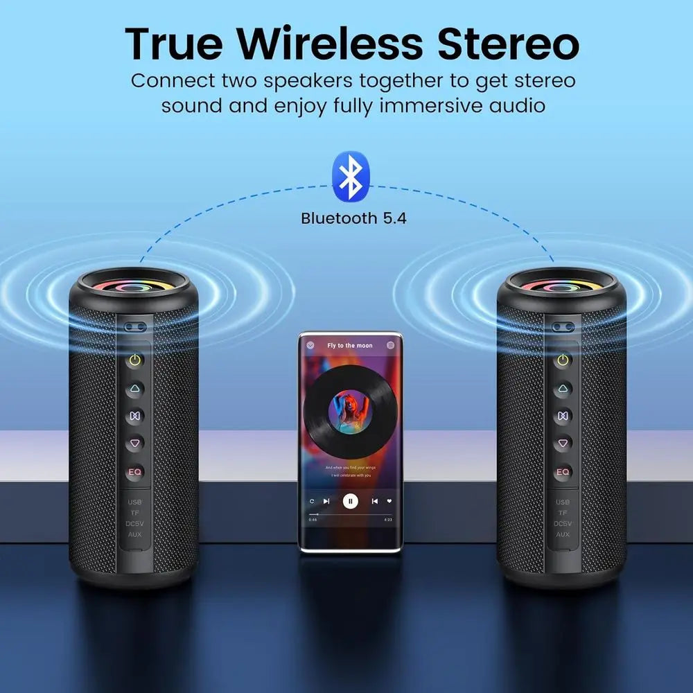 Bluetooth 5.4 Speaker with 20W Stereo Sound, 20H Playtime, LED Lights, IP7, TWS Pairing, Mic, Ideal for Outdoors, Home, Beach, P