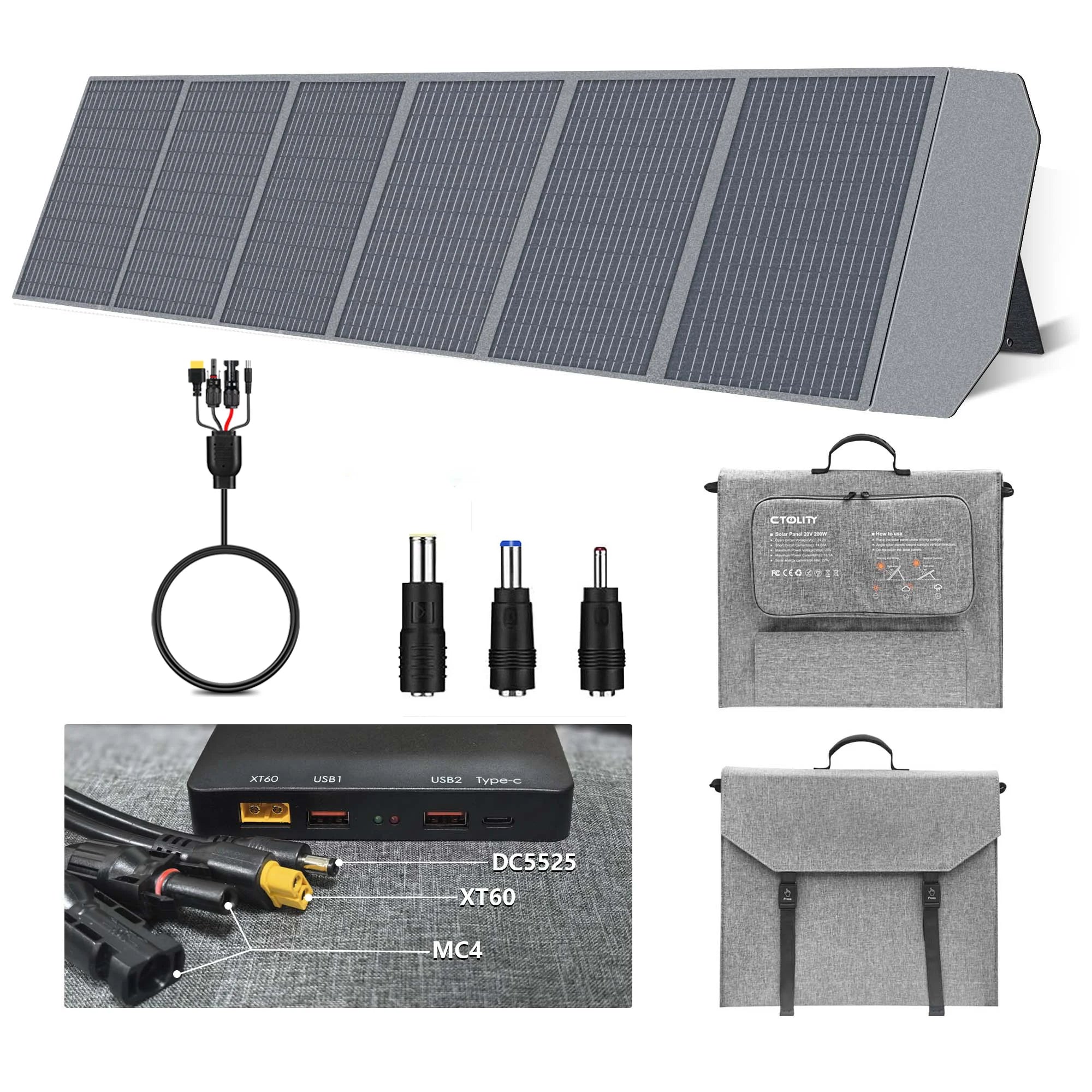 Ctolity 100W 200W Portable Solar Panel, with PD Box Charger, XT60 USB Port, Balcony Photovoltaic, for Camping Power Energy