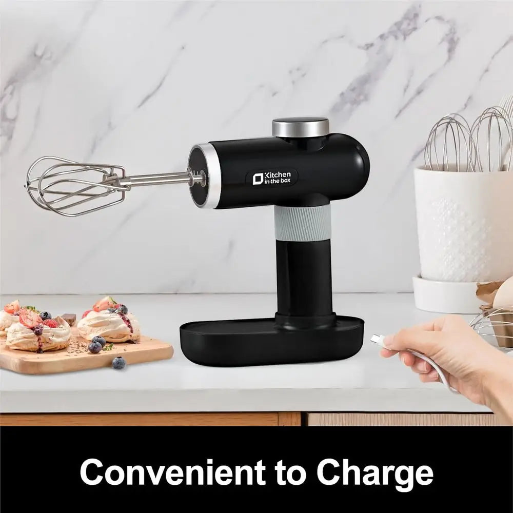 Rechargeable Hand Mixer, Portable Handheld Electric Mixer with Beaters, Whisks, 6-Speed Digital Display, Charging Base and USB-C