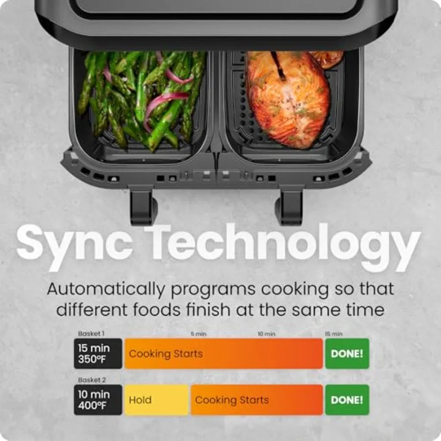 6 Quart Dual Basket Air Fryer Oven with Easy View Windows for Monitoring Cooking Progress Sync Finish Technology for Even Heati