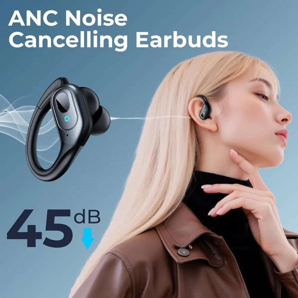 Active Noise Cancelling Wireless Earbuds with 90Hrs Playback, IPX7 Waterproof, Over-Ear Hooks for Sports Running Gym Black