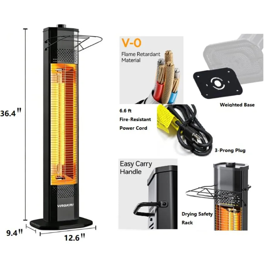 Outdoor Electric Patio Heater 1500W 36 Infrared Heater with 2 Heat Tubes 3 Heat Levels Tip-Over and Overheat Protection IPX5 Wa