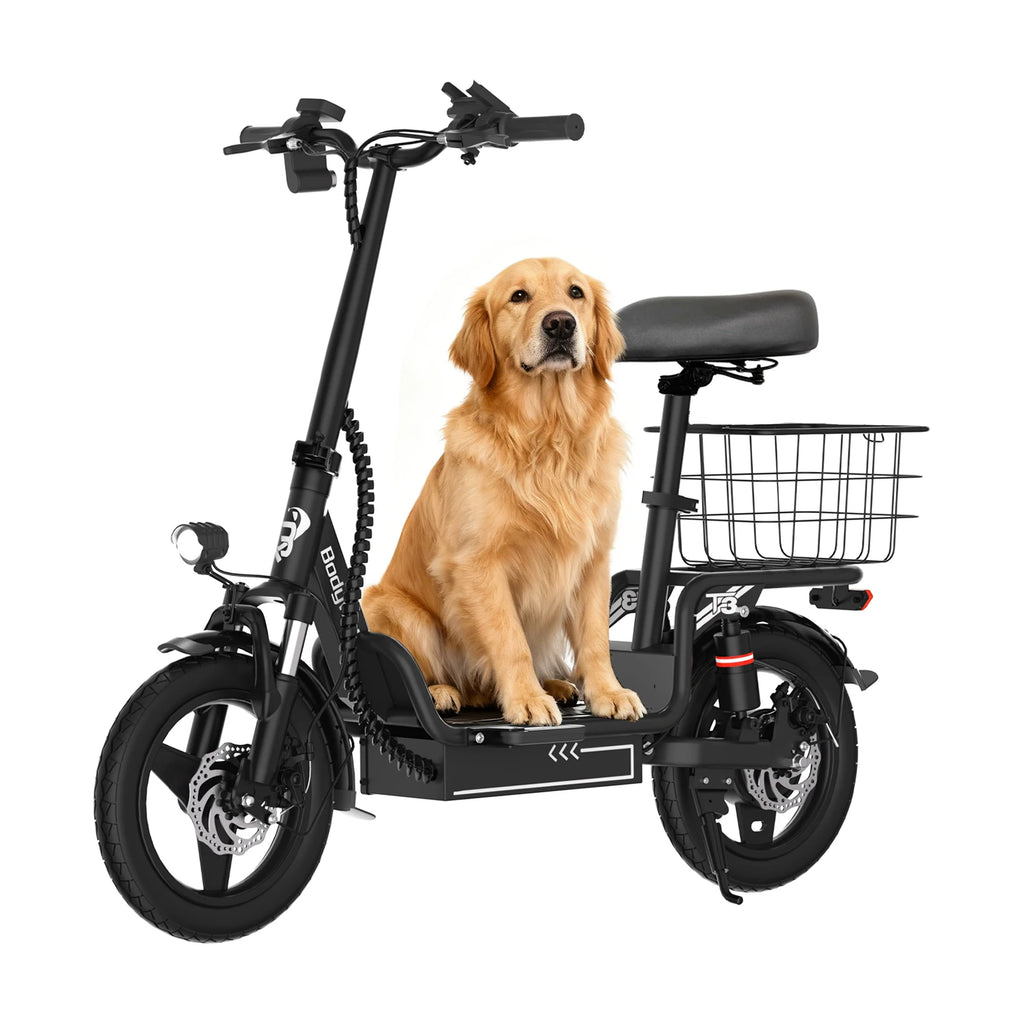 Folding Electric Bike for Adults Bodywel T3 14" E-Bike with Basket, 500W Motor 48V 10.4AH Battery, Foldable Ebike for Commuting