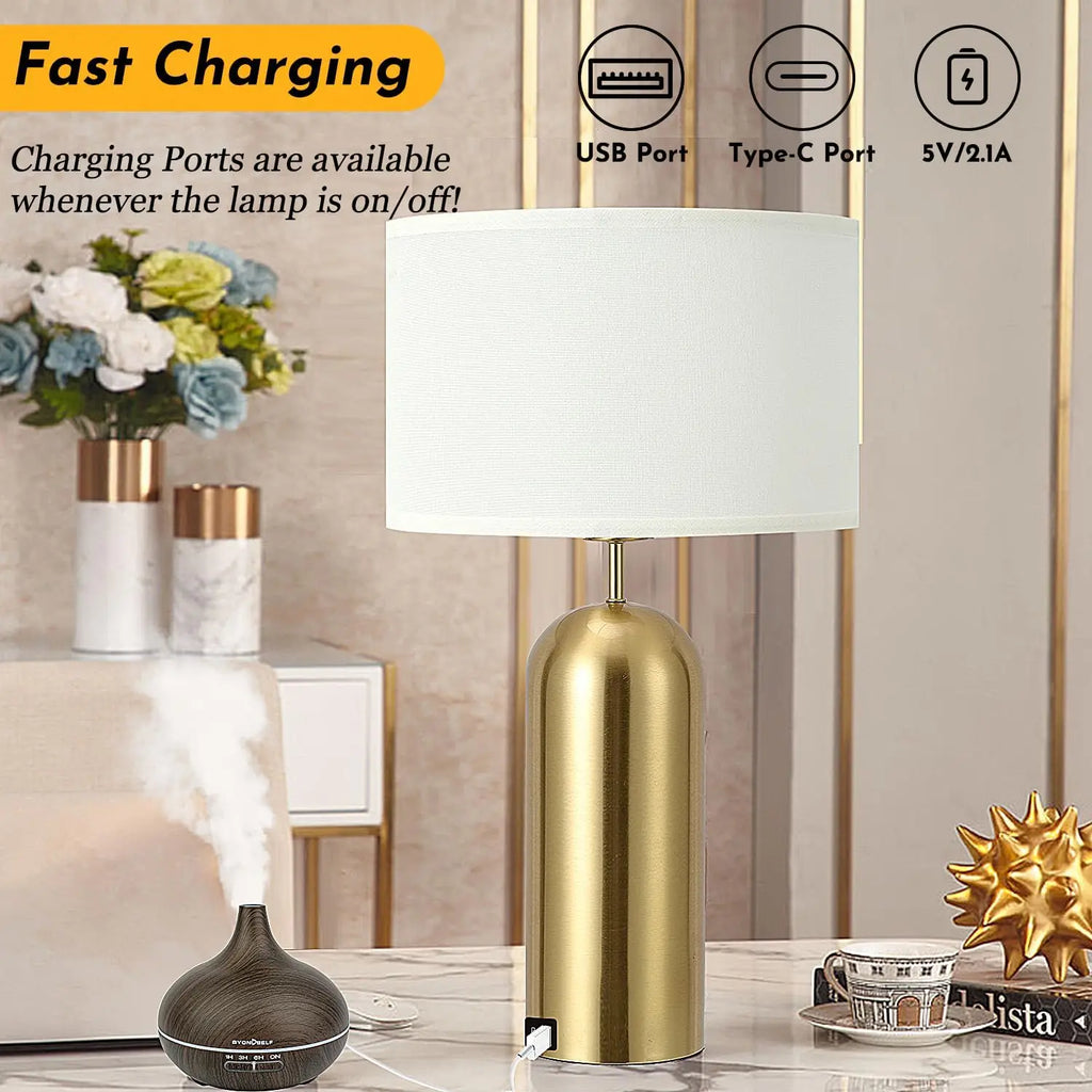 Touch Control Dimmable Table Lamps Set of 2 with USB-C Ports, Modern White & Gold for Bedroom Living Room