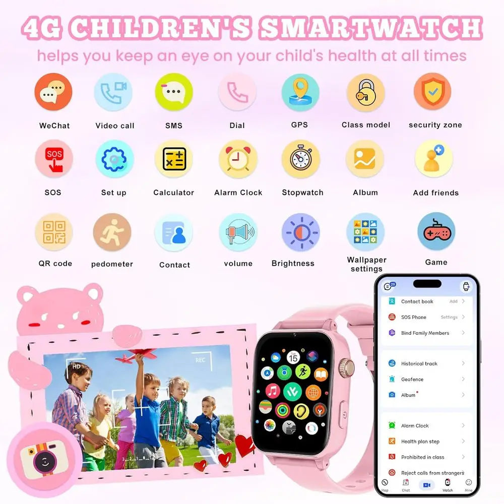 4G Kids Smart Watch GPS Tracker, Smartwatch for Kid with SIM Card, Calling, Voice Chat, Class Mode, SOS, Pedometer, Alarm, Games