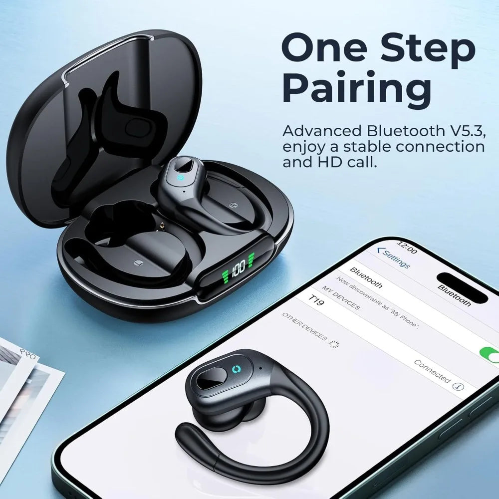 Active Noise Cancelling Wireless Earbuds with 90Hrs Playback, IPX7 Waterproof, Over-Ear Hooks for Sports Running Gym Black