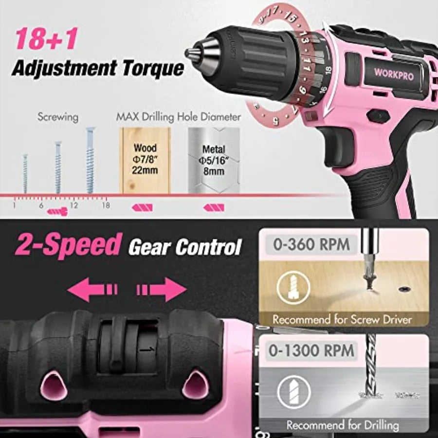 Pink Tool Kit with Drill Tool Set with 20V Cordless Lithium-ion Drill Driver Pink Drill Set for Women 157PCS Home Tool