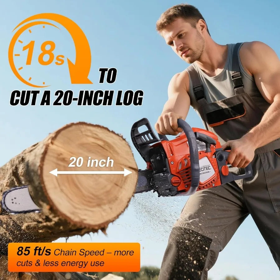 62CC 2-Cycle Gas Powered Chainsaw 20 Inch Handheld Cordless Petrol Gas Chainsaw for Backyard Storm Cleanup Tree Wood Firewood C