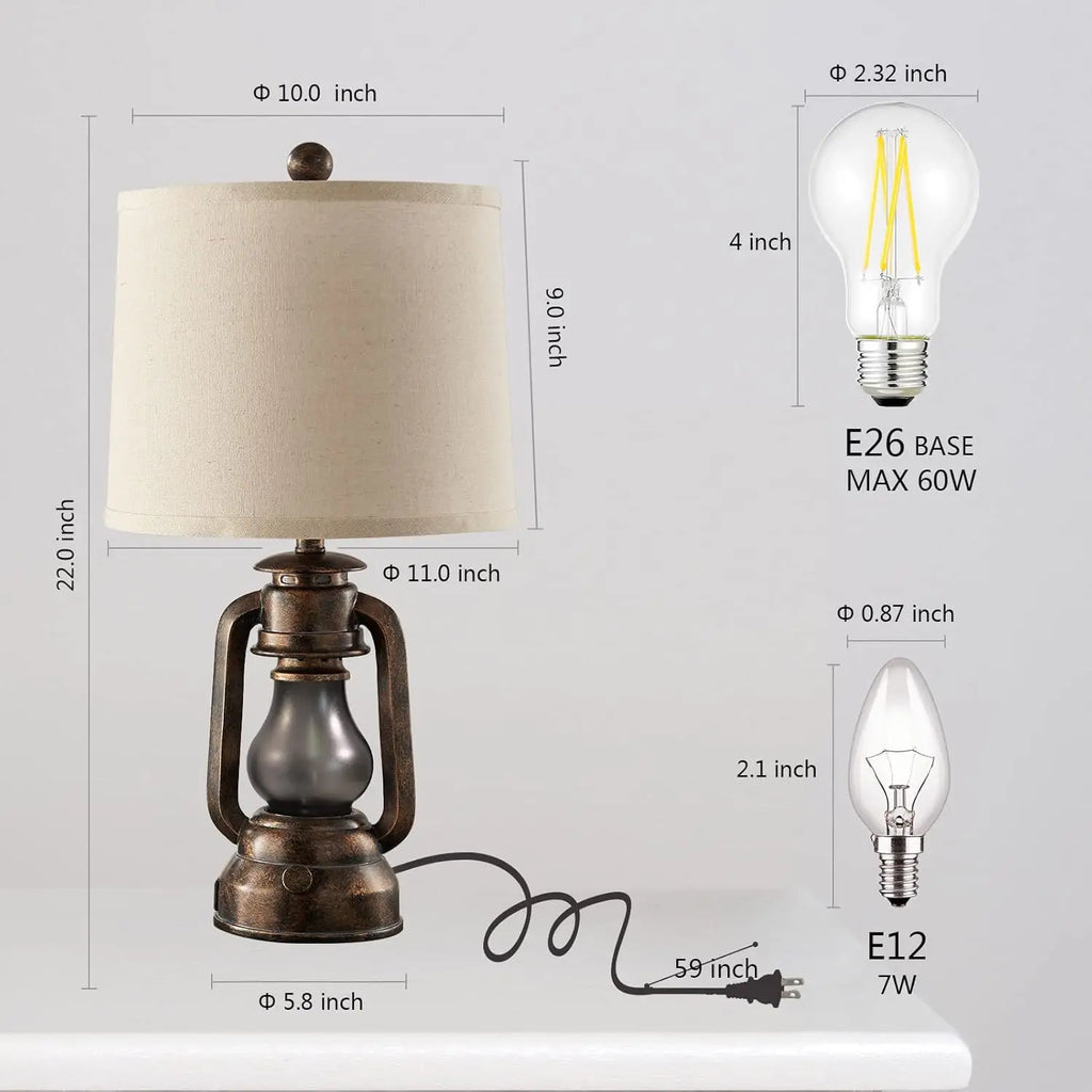 Vintage Farmhouse Lantern Table Lamps Set of 2 with USB Charging Ports, Rustic Bedside Desk Lamp, Bulbs Included
