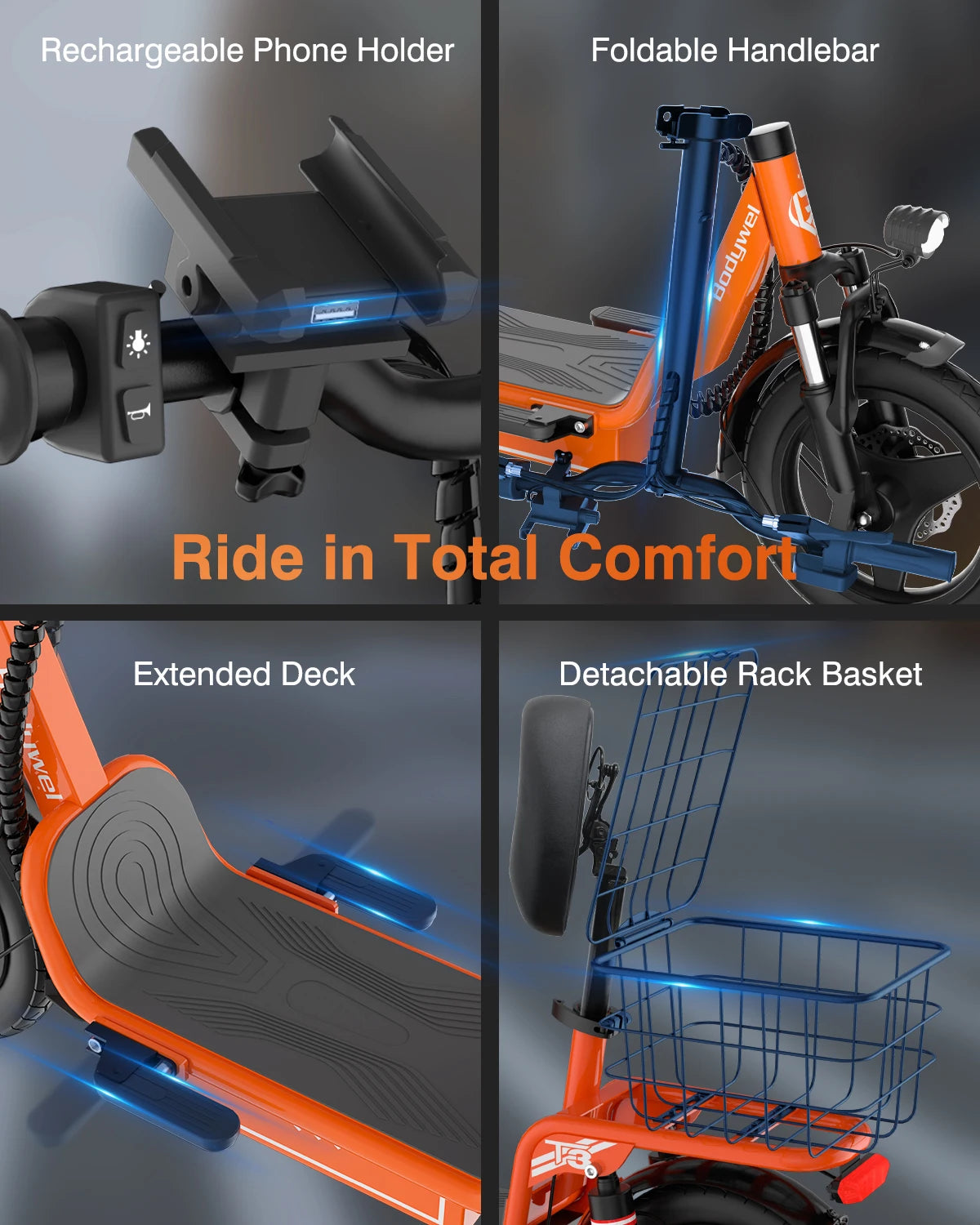 Bodywel T3 14" Folding Ebike – 48V 10.4Ah Electric Bicycle Extra-Wide Saddle, Portable escooter with Rear Rack Basket for Urban