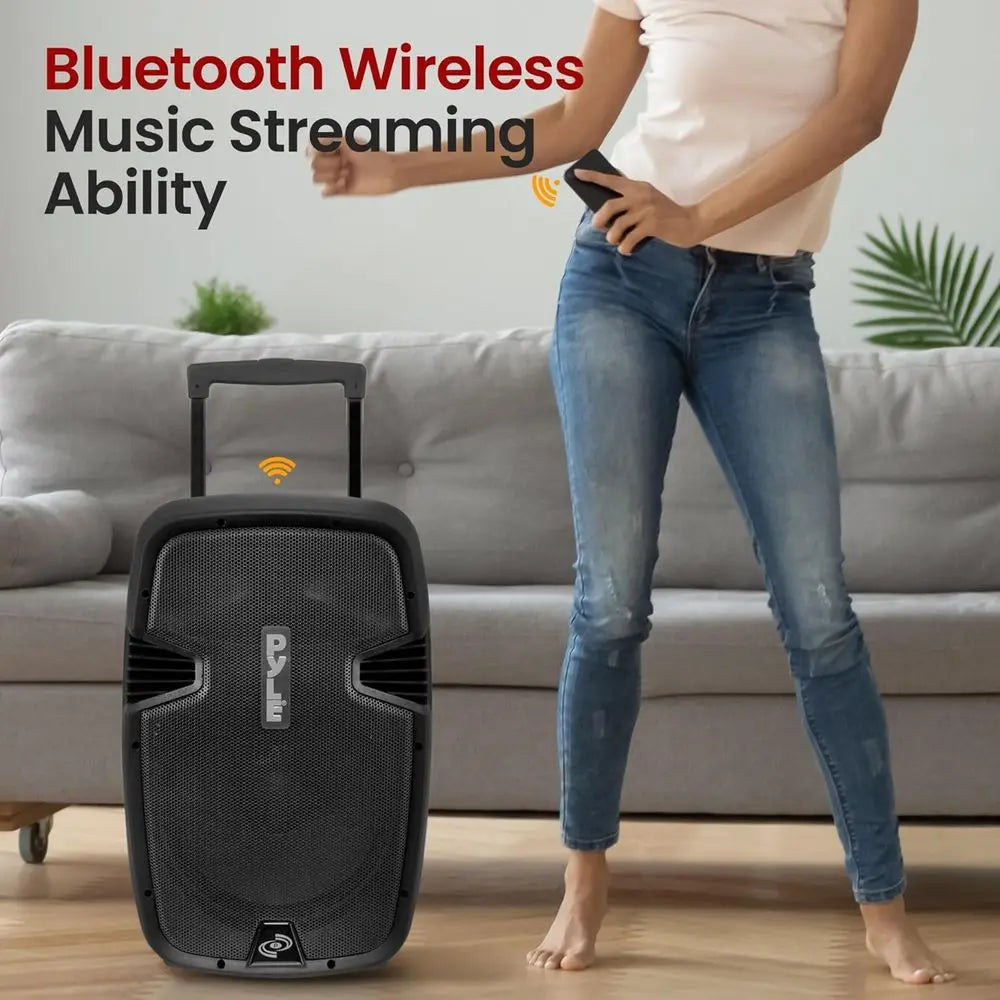 1000W Bluetooth PA Speaker System with 12 Subwoofer, USB/SD/MP3, Dual UHF Mics, Remote, Wheels - Perfect for Parties and Outdoor