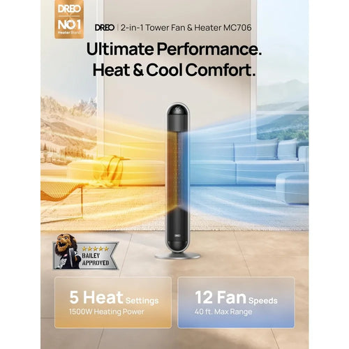 29.2ft/s Tower Fan Heater Combo, 17 Levels, 6 Modes, 120° Oscillation, 42 Inch, Quiet for Bedroom Office Large Room