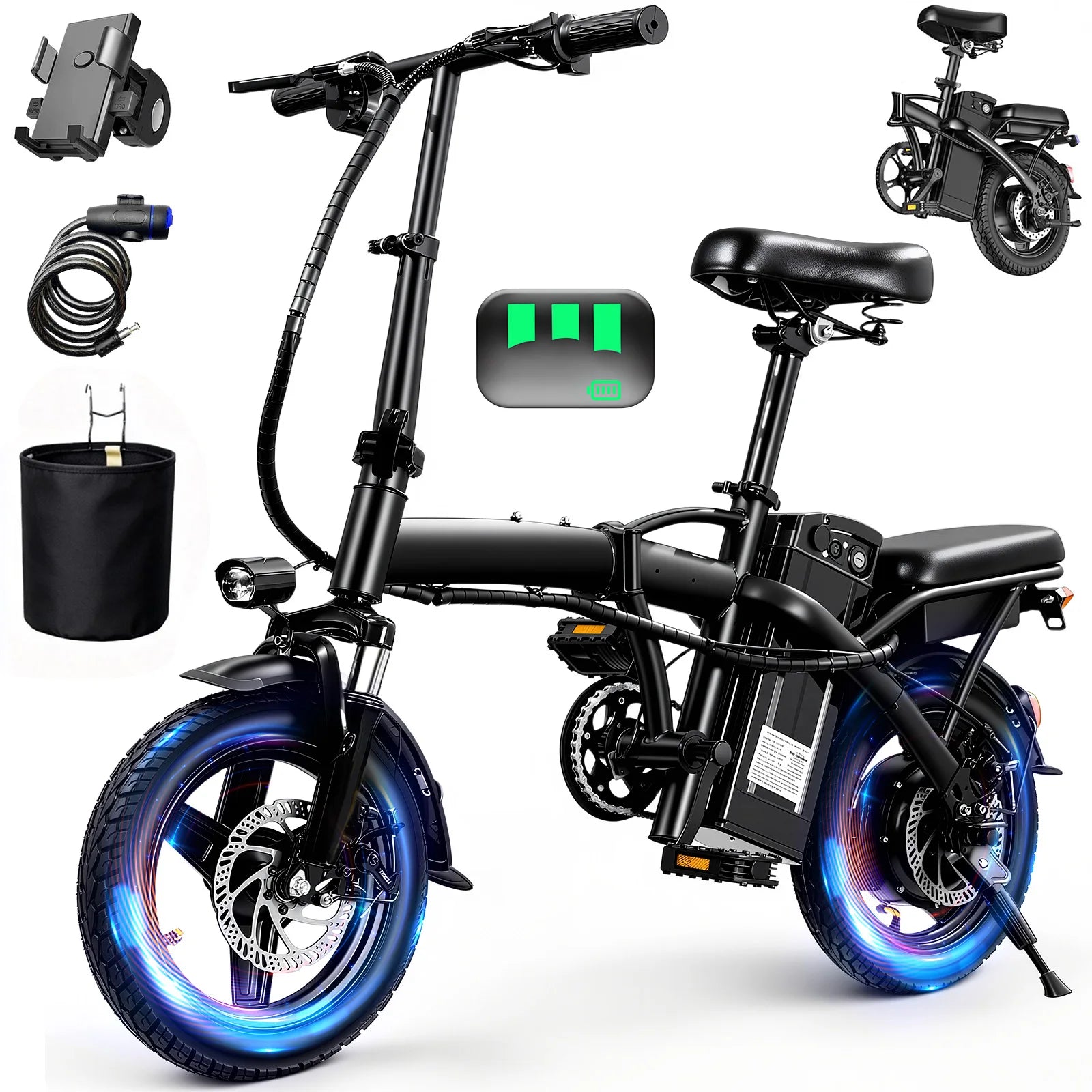 14" Foldable Electric Bike for Adult, Peak 500W Motor with 48V 10Ah Removable Battery Range of 40 miles Women Electric Bicycle