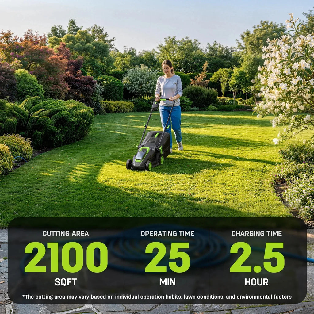 Deli 13" Cordless Lawn Mower, 21V Brushless Motor, 5 Height Adjustments, 4.0Ah Battery & Charger Included