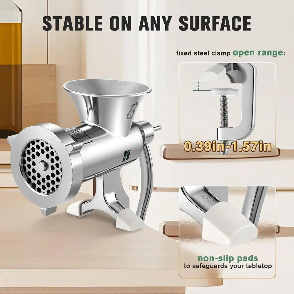 Manual Stainless Steel Heavy Duty Meat Grinder with Sausage Tubes, Table Clamp for Home Use, Suitable for Chicken and Small Bone