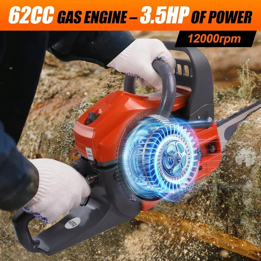 62CC 2-Cycle Gas Powered Chainsaw 20 Inch Handheld Cordless Petrol Gas Chainsaw for Backyard Storm Cleanup Tree Wood Firewood C