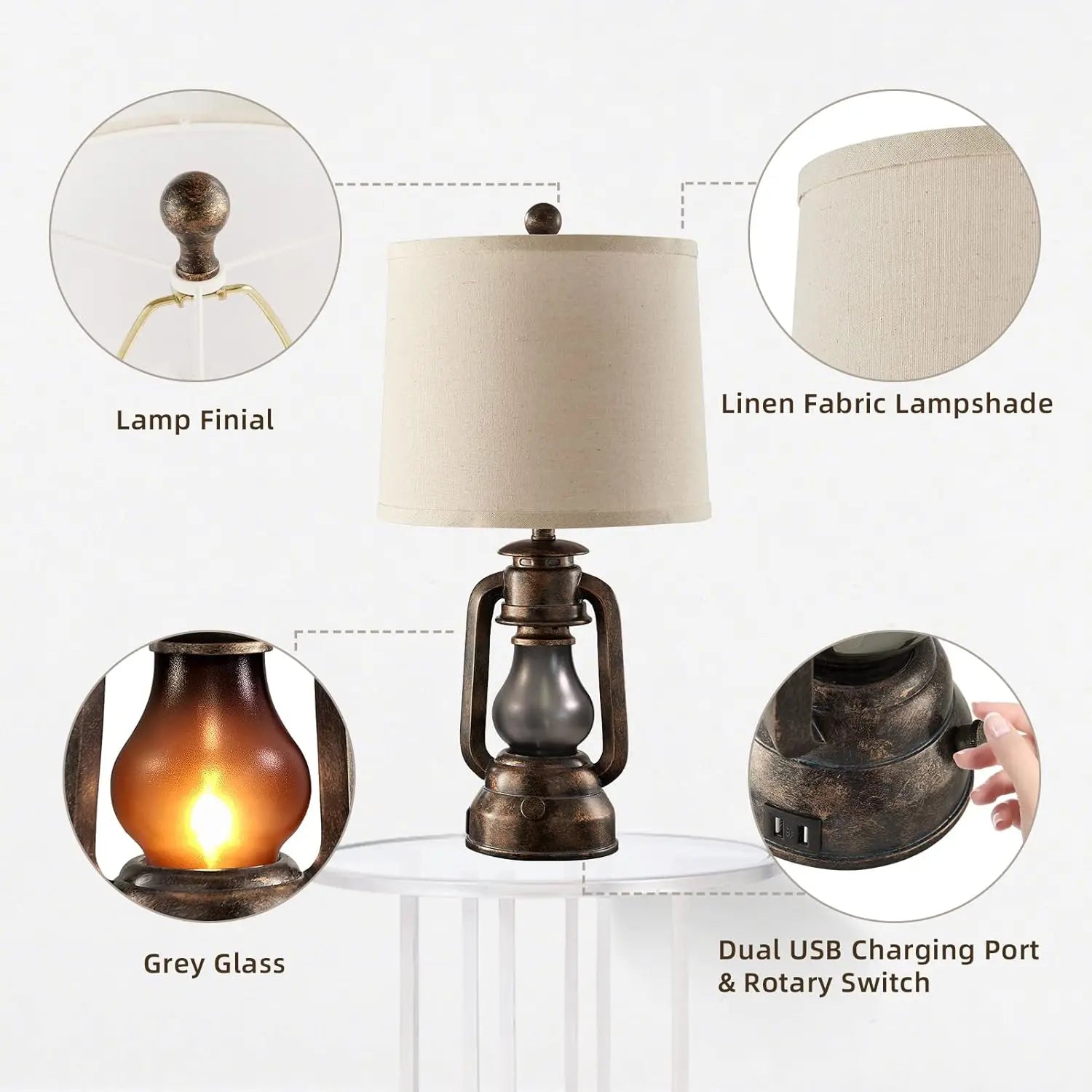 Vintage Farmhouse Lantern Table Lamps Set of 2 with USB Charging Ports, Rustic Bedside Desk Lamp, Bulbs Included
