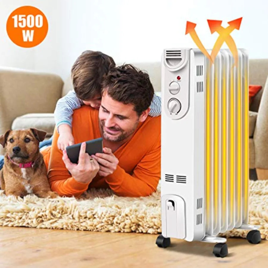 Electric 1500W Oil Filled Radiator Heater w/Thermostat Portable Radiant Space Heating Machine 3 Heat Settings Overheat Tip-Over