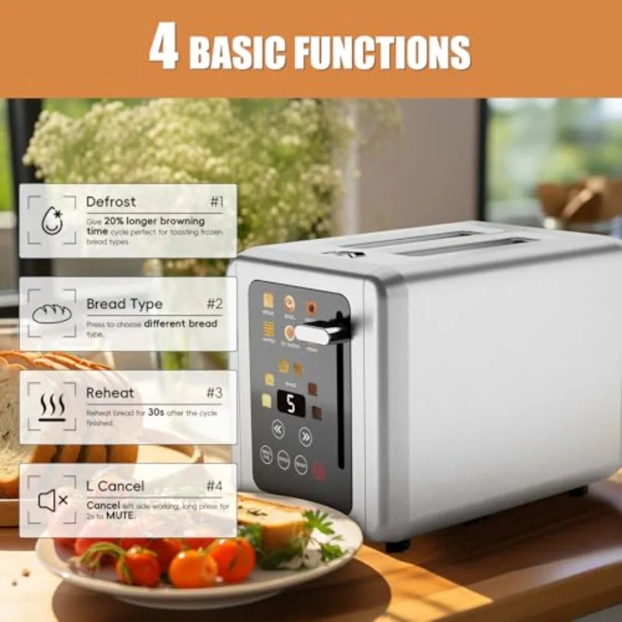 Touch screen 2-slice stainless steel digital timer toaster with sound function 6 bread types 6 shade settings smart extra wide