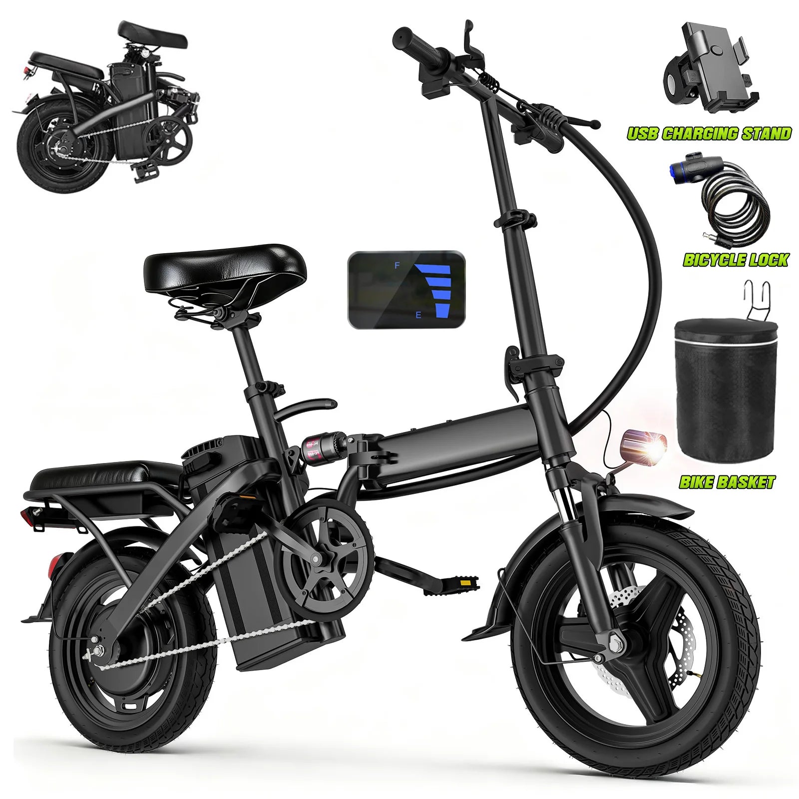 14" Foldable Electric Bike for Adult, Peak 500W Motor with 48V 10Ah Removable Battery Range of 40 miles Women Electric Bicycle