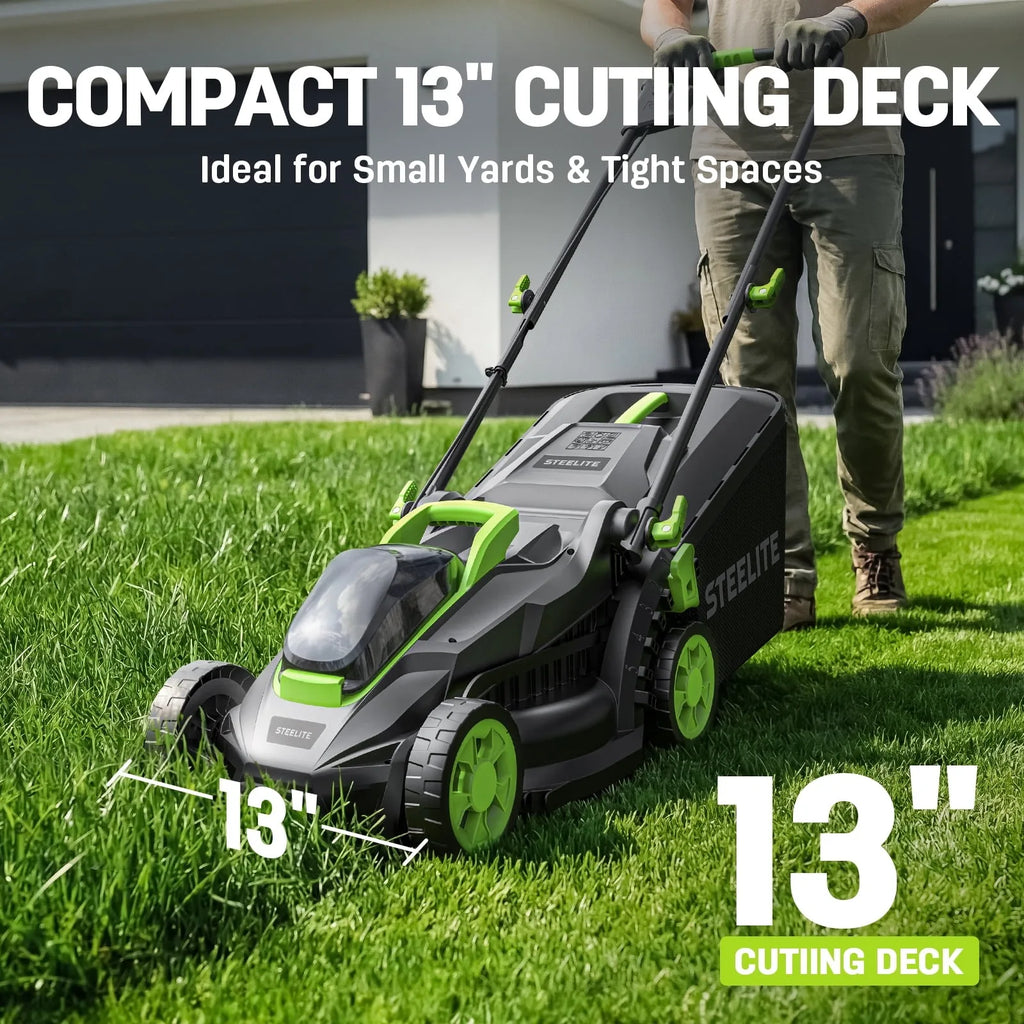 Deli 13" Cordless Lawn Mower, 21V Brushless Motor, 5 Height Adjustments, 4.0Ah Battery & Charger Included