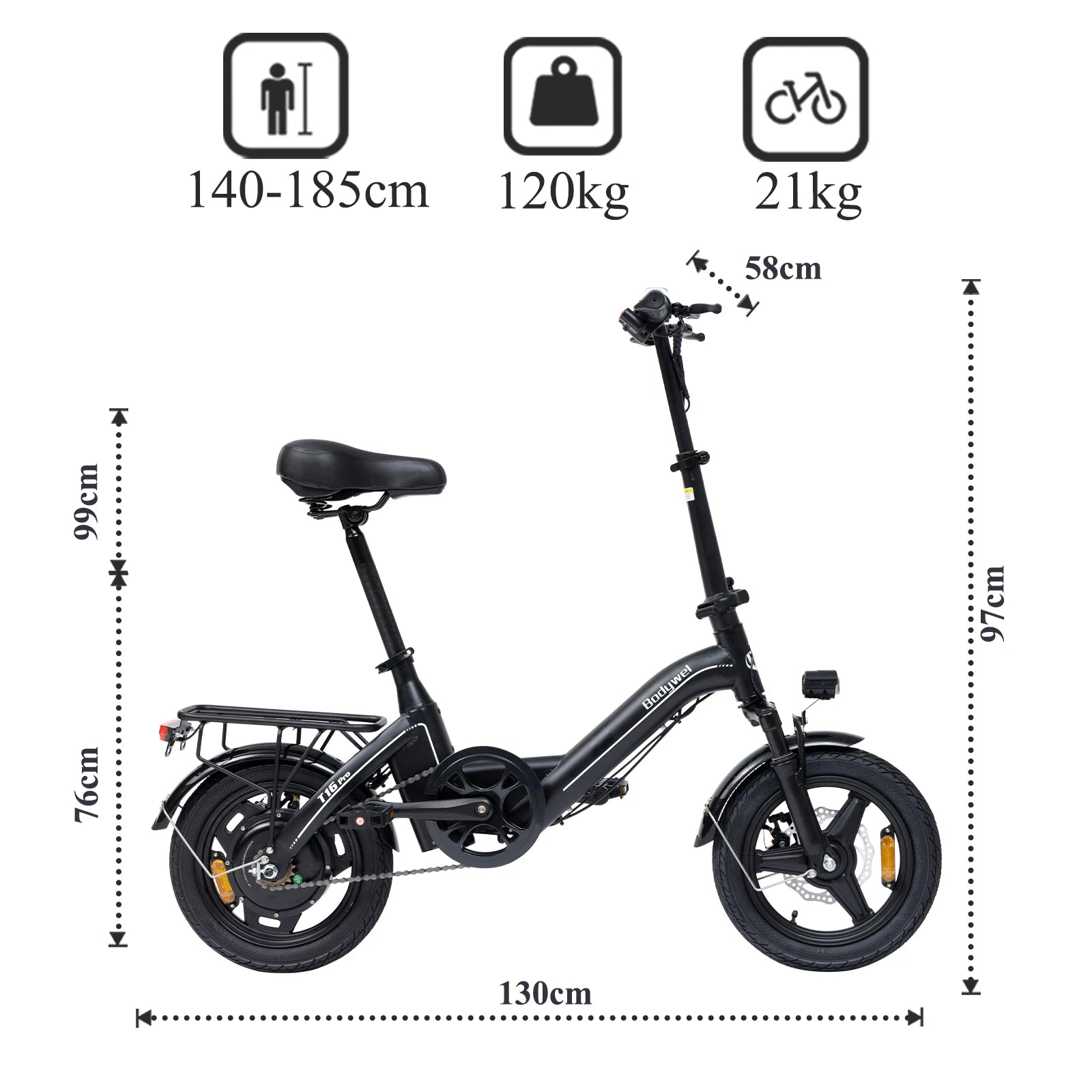 Bodywel T16 Pro 14" Folding Electric Bike for Adults Commuter-36V 10.4Ah Battery UL Certified EBike, Peak 750W Motor mini E-Bike