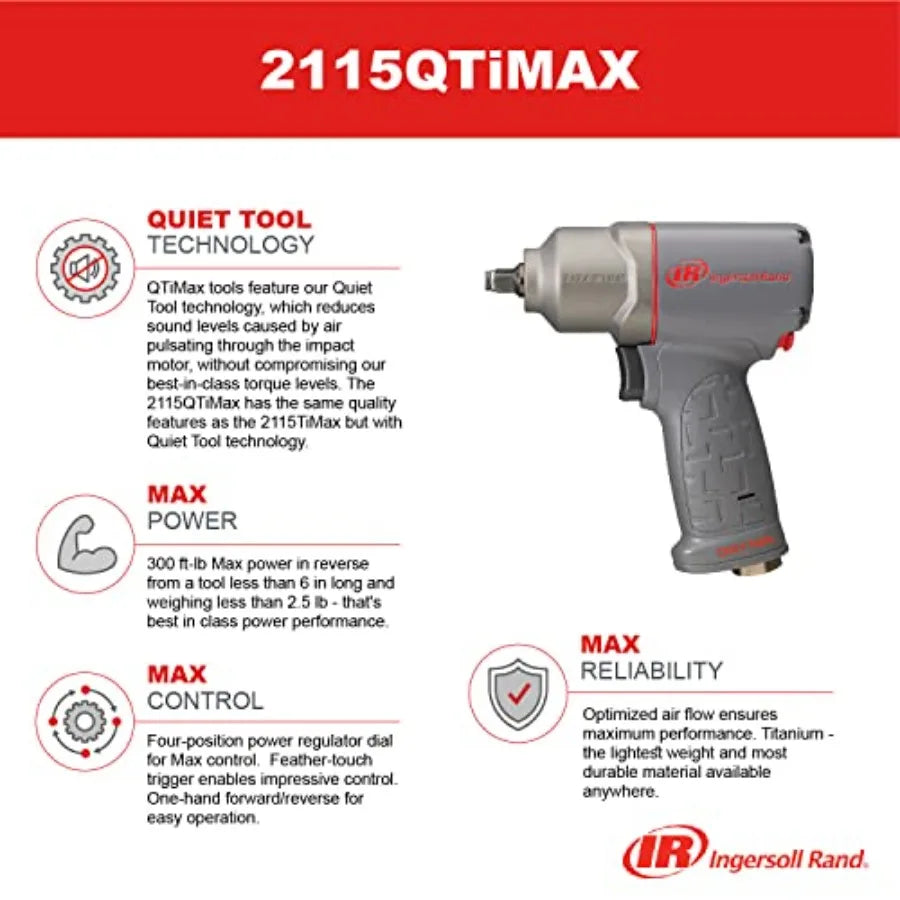 2115QTiMAX 3/8 Drive Air Impact Wrench Quiet Tool Lightweight 2.5 lb Design Powerful Reverse Torque Output Up to