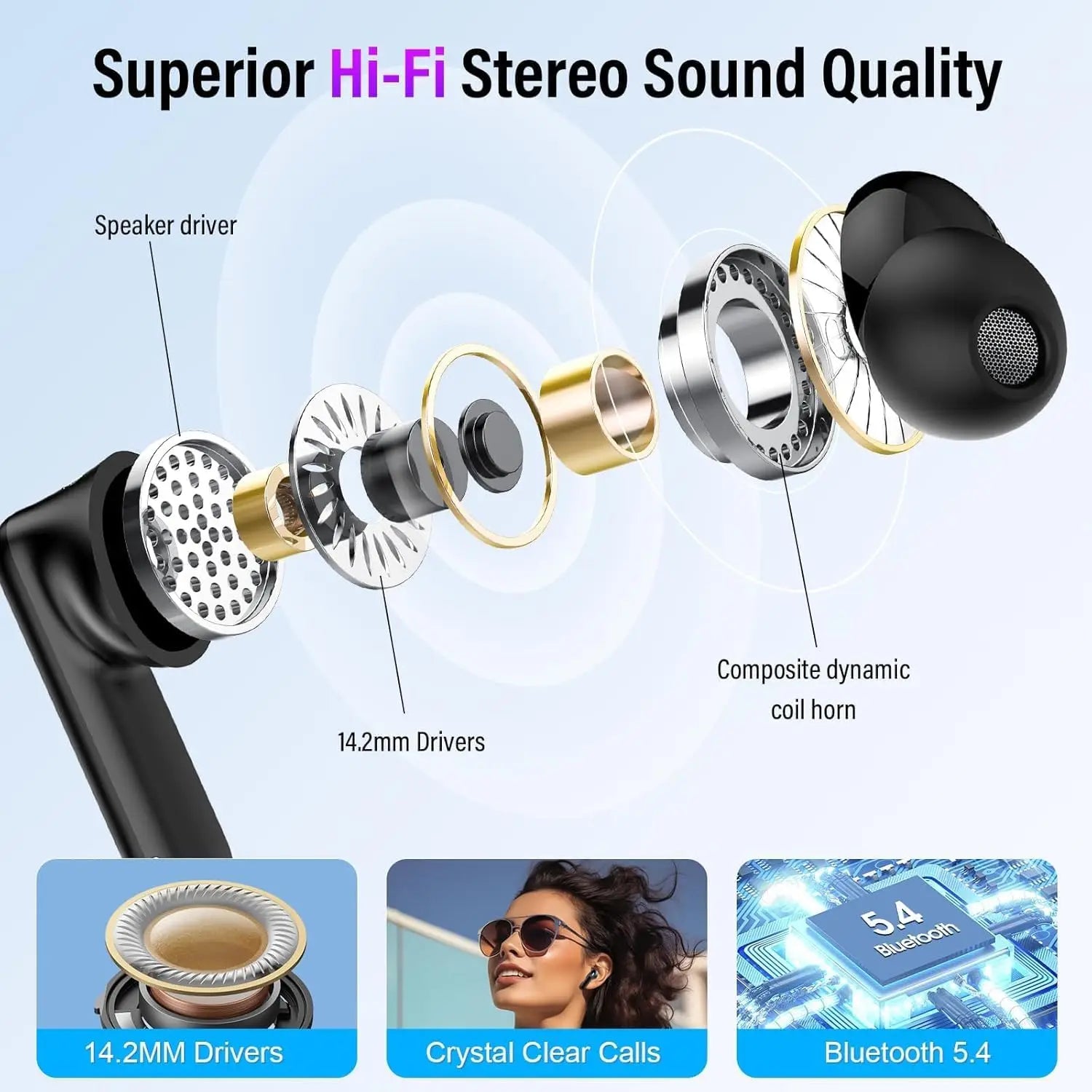 Wireless Earbuds, Bluetooth 5.4 Headphones with Multifunctional Touch Screen, 48H Bass Stereo Ear Buds