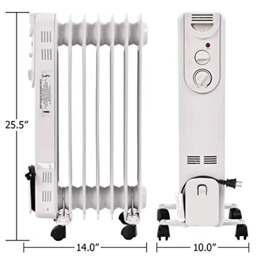Electric 1500W Oil Filled Radiator Heater w/Thermostat Portable Radiant Space Heating Machine 3 Heat Settings Overheat Tip-Over