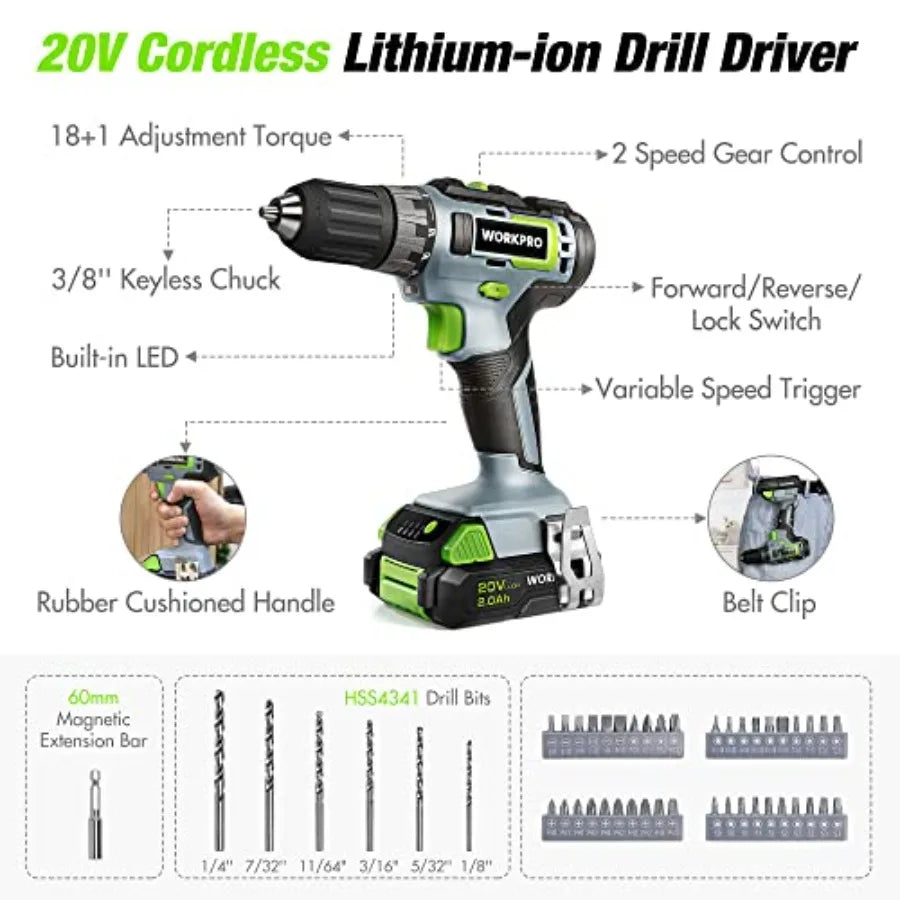 Home Tool Set with 20V Cordless Lithium-Ion Drill Driver Household Repairing Tool Kit with Drill 157PCS Power Drill Set