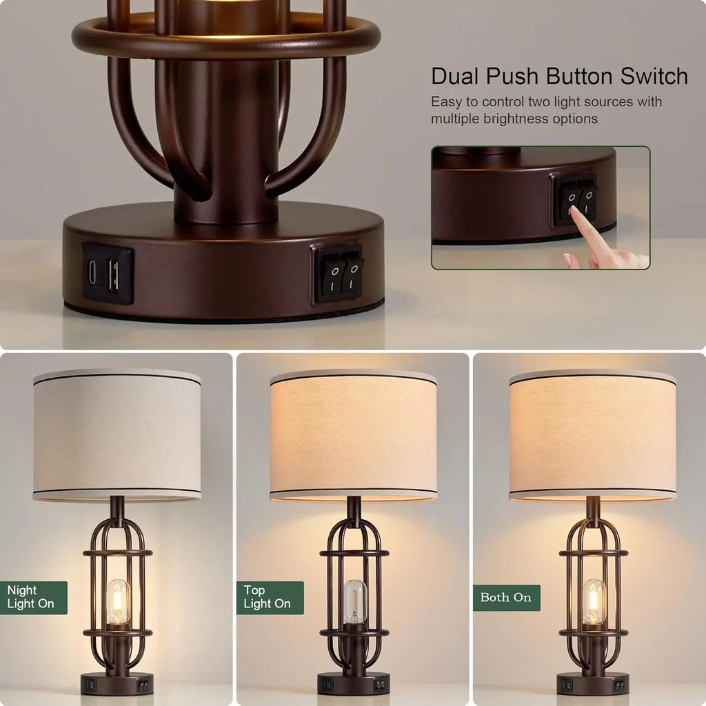 Set of 2 Farmhouse Table Lamps with USB Ports, Vintage Style for Living Room and Bedroom