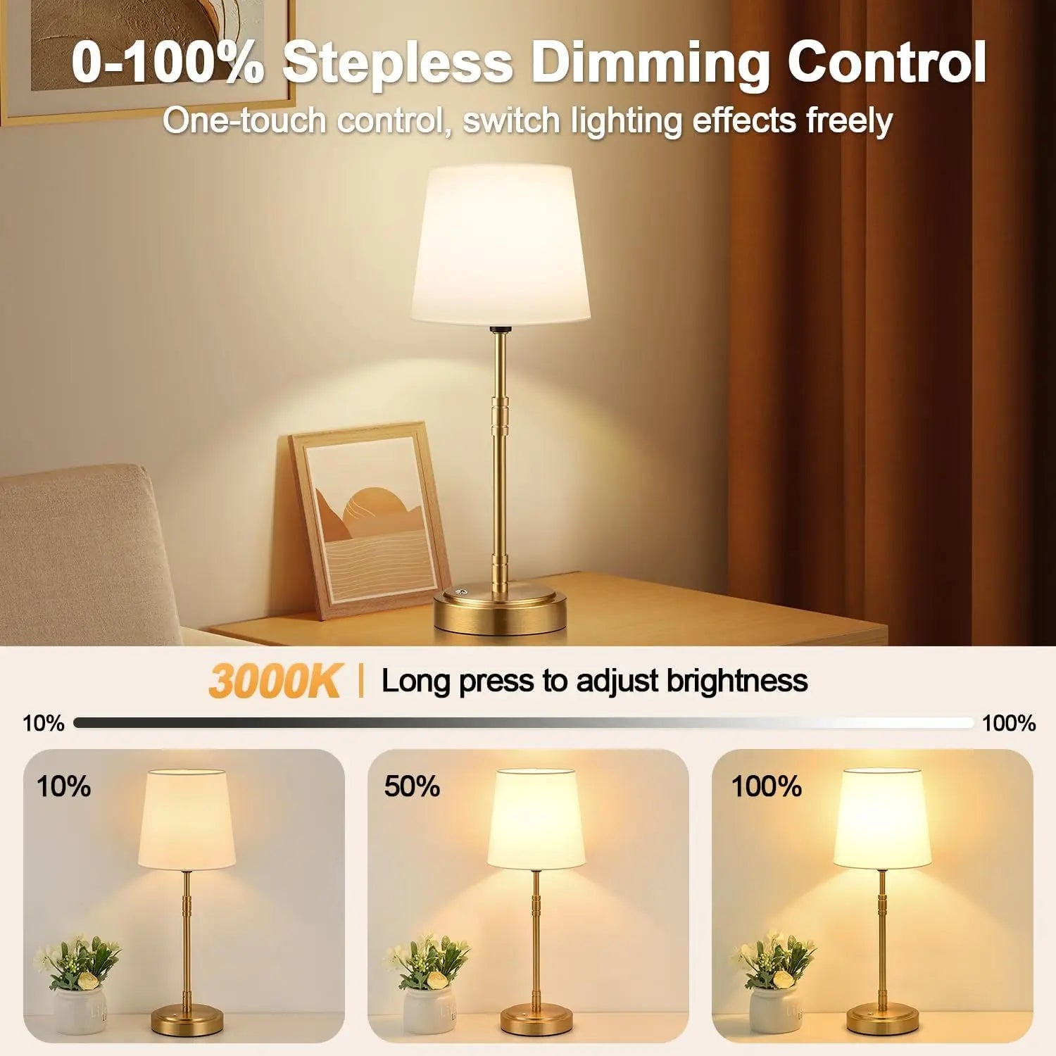 2-Pack Cordless Table Lamps with Rechargeable Battery, Dimmable Vintage Gold Design for Home Decor