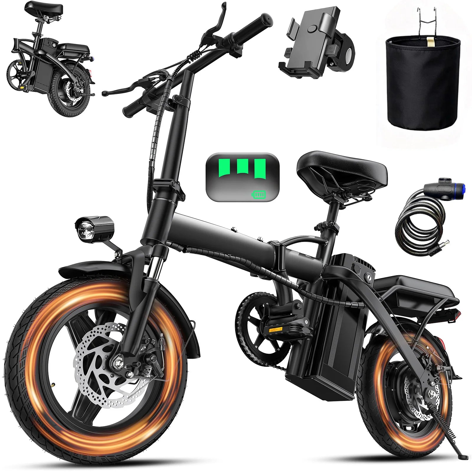 14" Foldable Electric Bike for Adult, Peak 500W Motor with 48V 10Ah Removable Battery Range of 40 miles Women Electric Bicycle