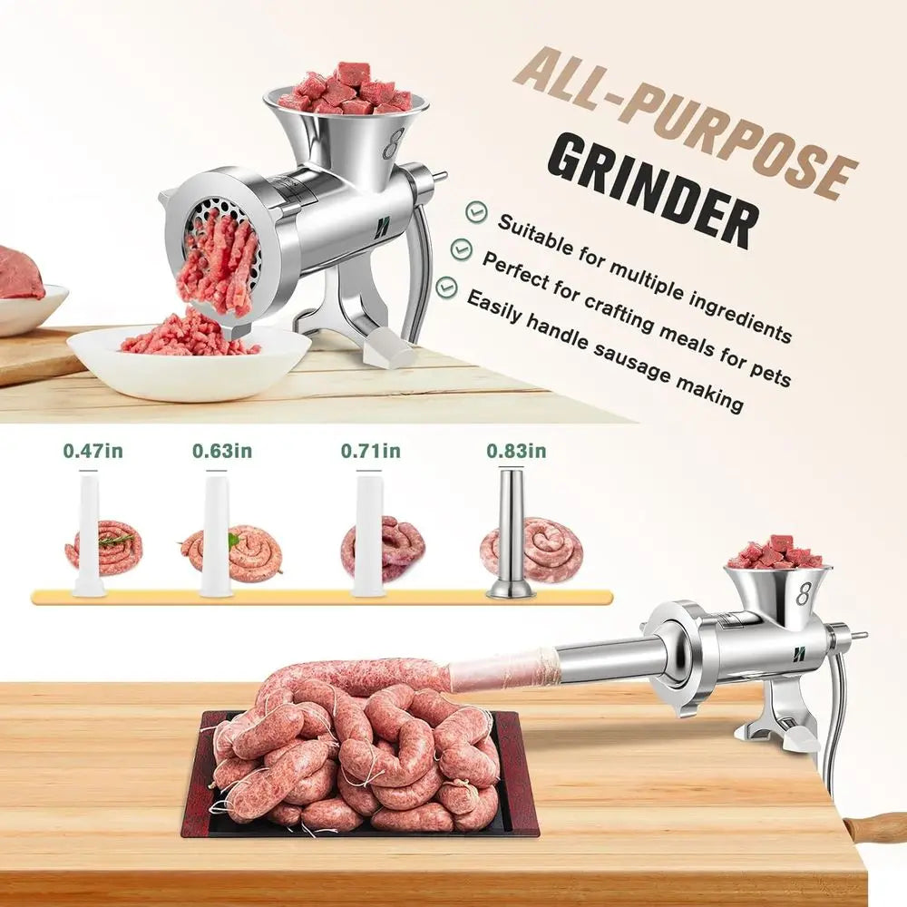 Manual Stainless Steel Heavy Duty Meat Grinder with Sausage Tubes, Table Clamp for Home Use, Suitable for Chicken and Small Bone