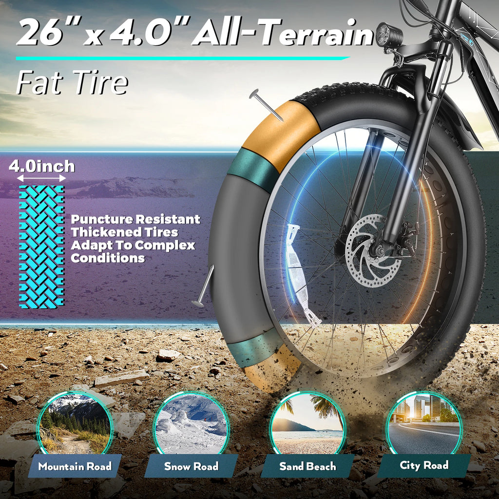 Vivi F26FUL 26" x 4.0 Fat Tire Electric Bike with 500W Motor, 48V 13Ah Removable Battery, 7 Speed, 25MPH, Cruise Control