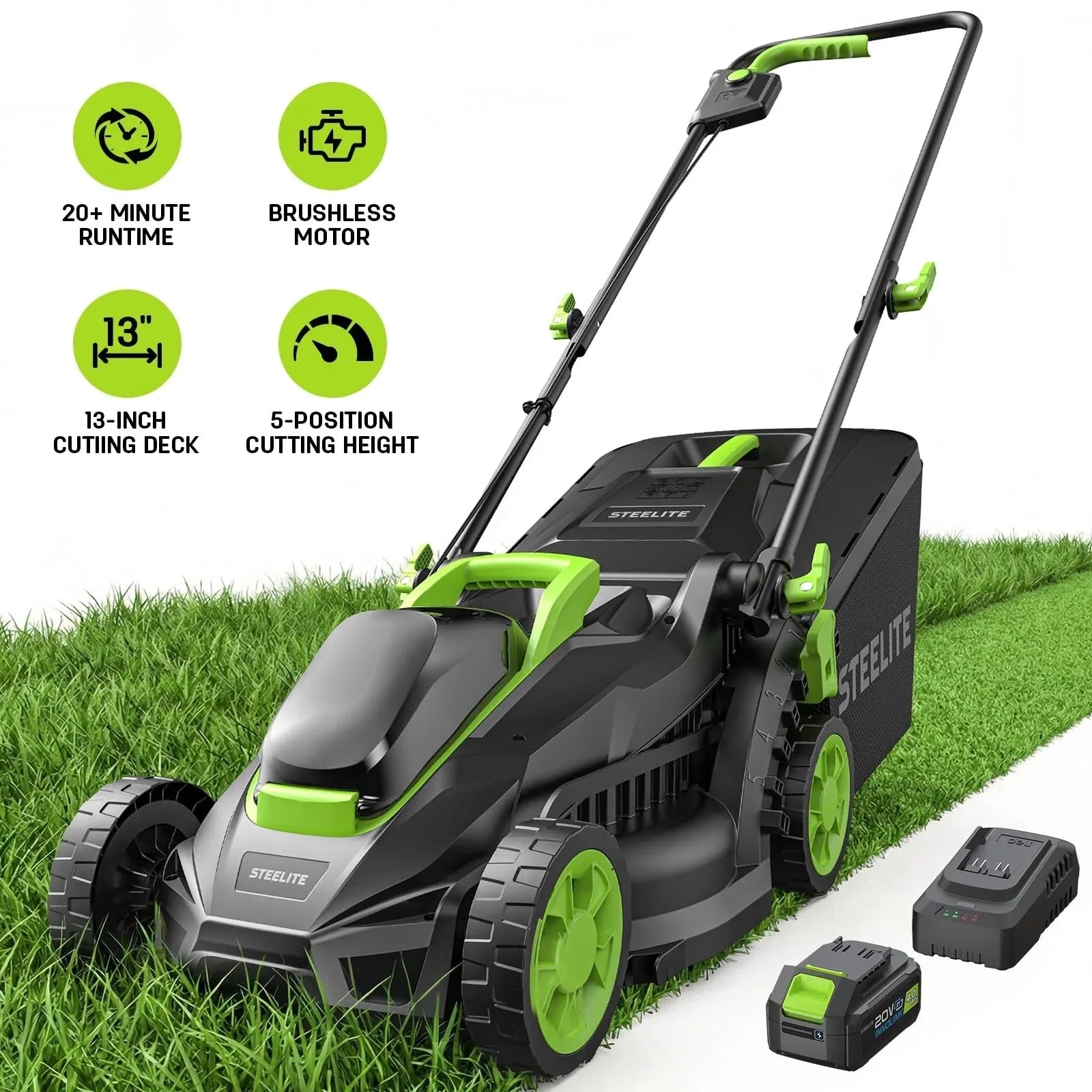 Deli 13" Cordless Lawn Mower, 21V Brushless Motor, 5 Height Adjustments, 4.0Ah Battery & Charger Included