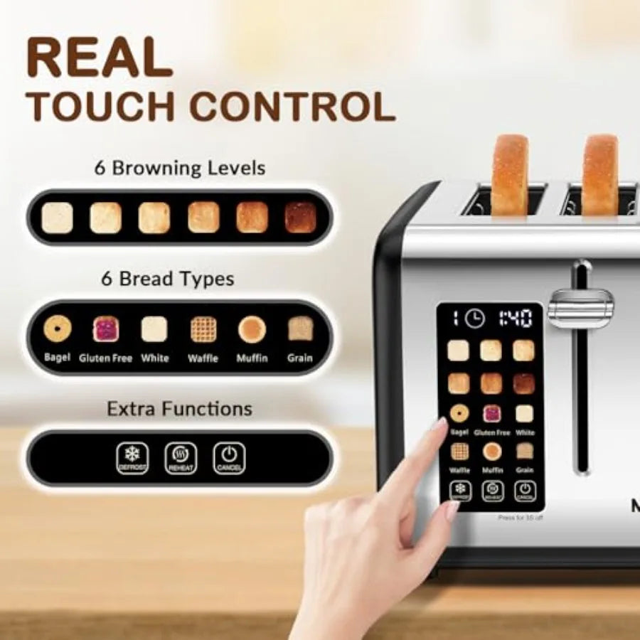 4-Slice Touch Screen Toaster with Dual Control Panel for Bagels Muffins Waffles Stainless Steel Matt Black Smart Toaster with T