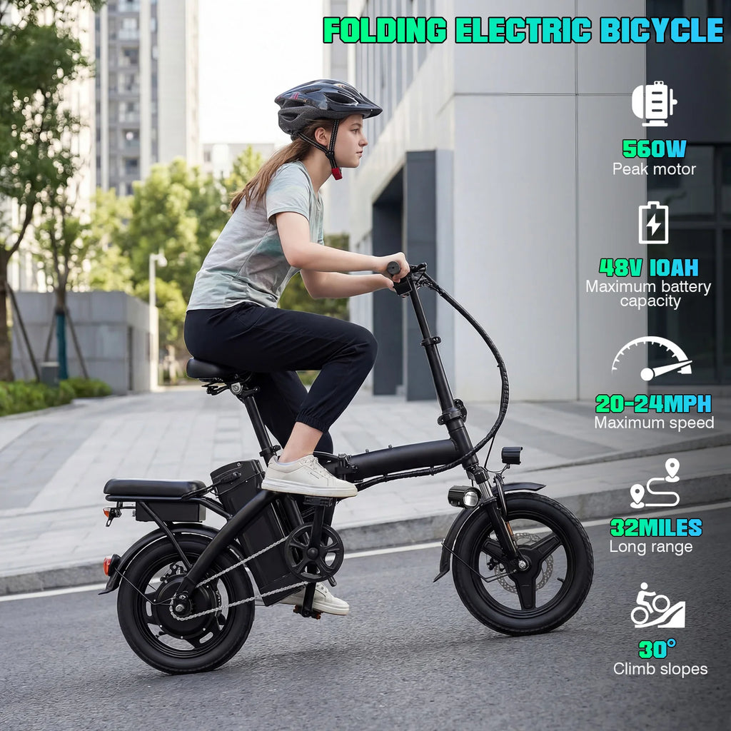 14" Foldable Electric Bike for Adult, Peak 500W Motor with 48V 10Ah Removable Battery Range of 40 miles Women Electric Bicycle
