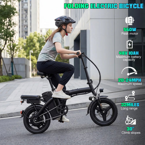 14" Foldable Electric Bike for Adult, Peak 500W Motor with 48V 10Ah Removable Battery Range of 40 miles Women Electric Bicycle