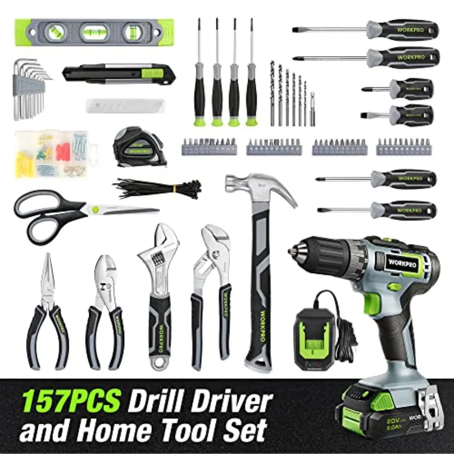 Home Tool Set with 20V Cordless Lithium-Ion Drill Driver Household Repairing Tool Kit with Drill 157PCS Power Drill Set