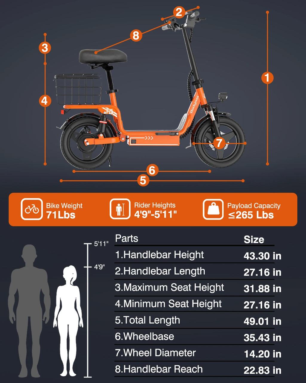 Bodywel T3 14" Folding Ebike – 48V 10.4Ah Electric Bicycle Extra-Wide Saddle, Portable escooter with Rear Rack Basket for Urban