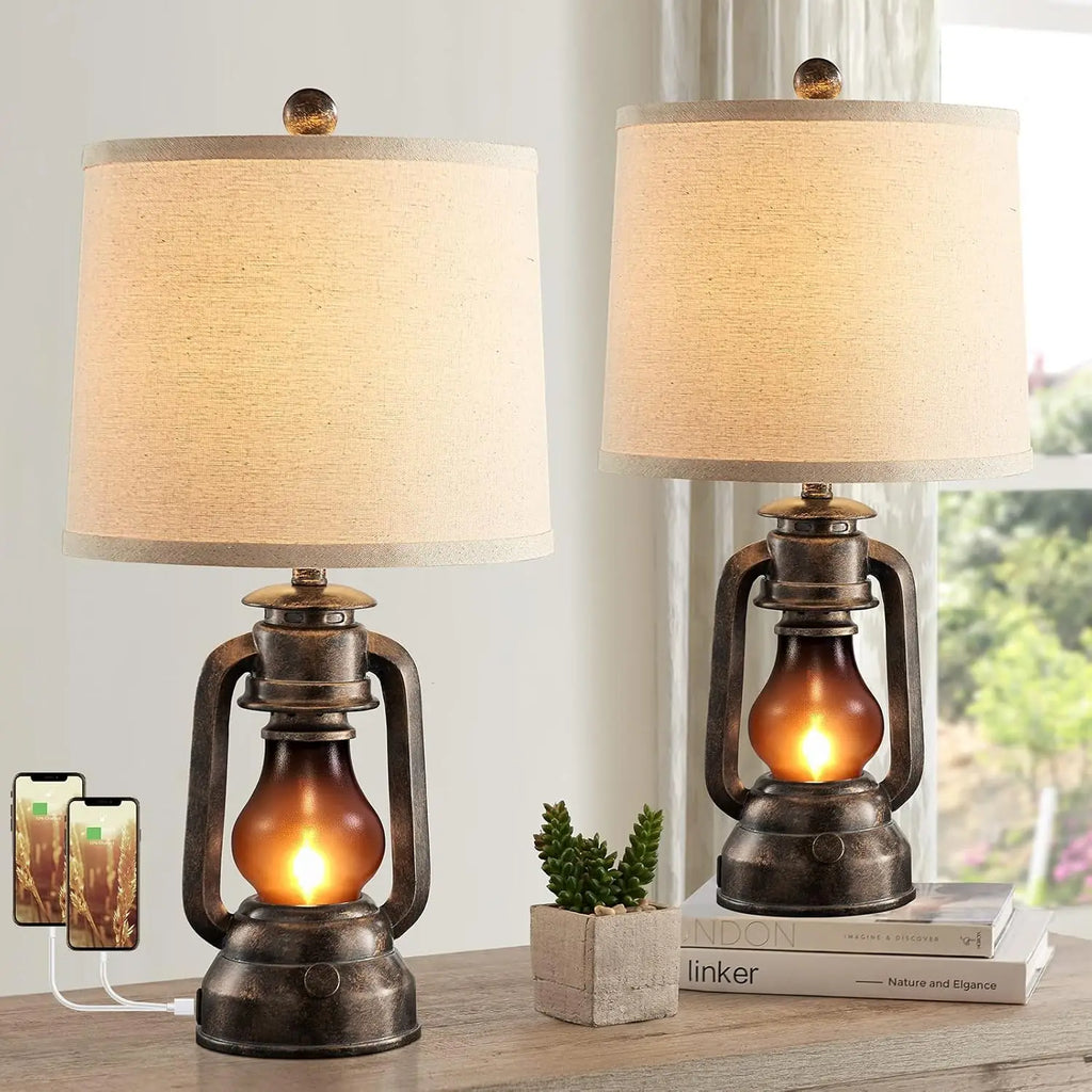Vintage Farmhouse Lantern Table Lamps Set of 2 with USB Charging Ports, Rustic Bedside Desk Lamp, Bulbs Included