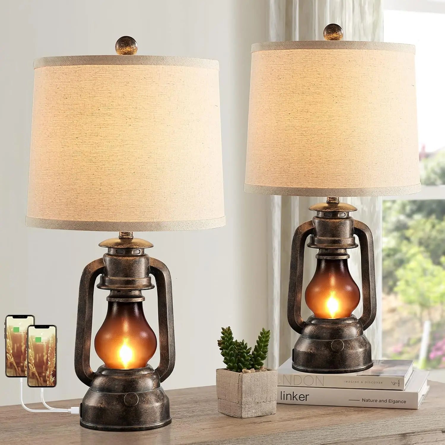 Vintage Farmhouse Lantern Table Lamps Set of 2 with USB Charging Ports, Rustic Bedside Desk Lamp, Bulbs Included