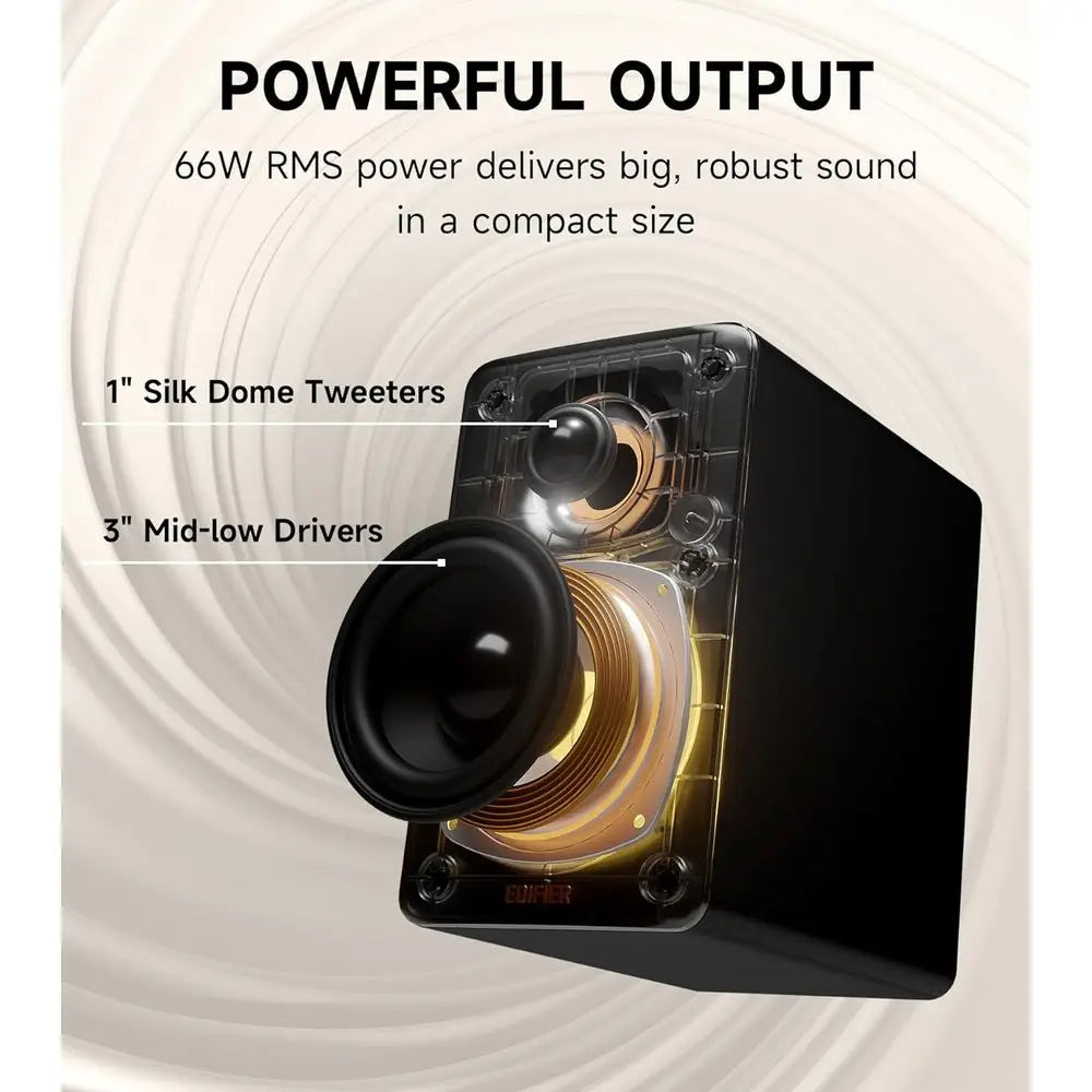 Compact 66W RMS Bluetooth 5.3 Hi-Res Audio Speaker with LDAC, USB-C and Aux Inputs, 3 Bass & 1 Tweeter, Desktop Speaker – Black