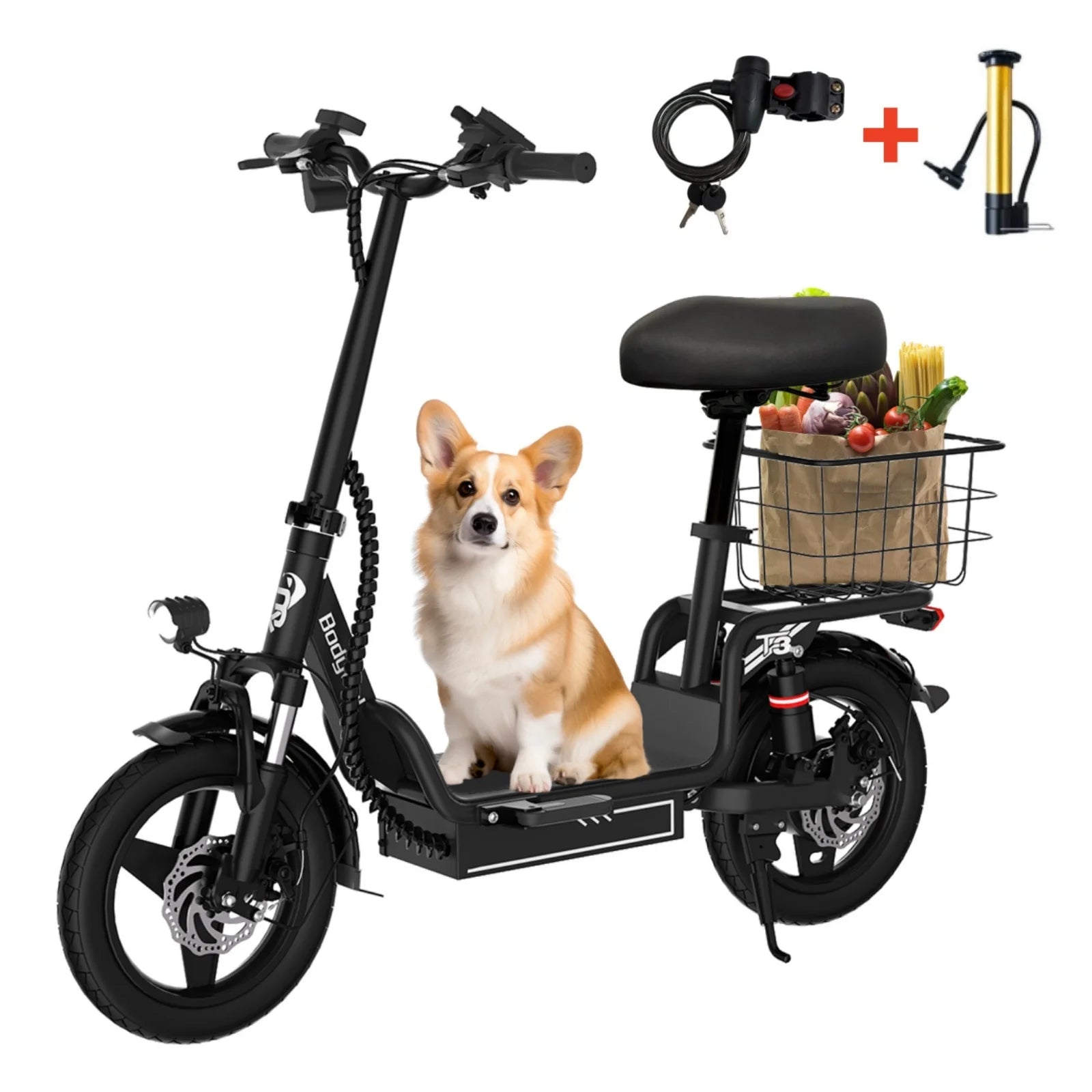 Bodywel T3 14" Folding Ebike – 48V 10.4Ah Electric Bicycle Extra-Wide Saddle, Portable escooter with Rear Rack Basket for Urban