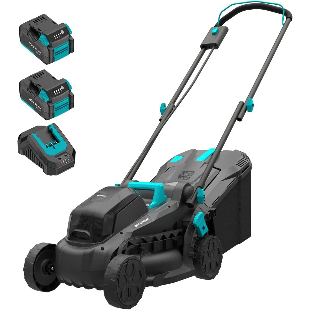 Electric Lawn Mower Cordless, 20V 13 inch Push Lawn Mower with 5-Position Cutting Height Adjustment, 2x4.0Ah Battery and Charger